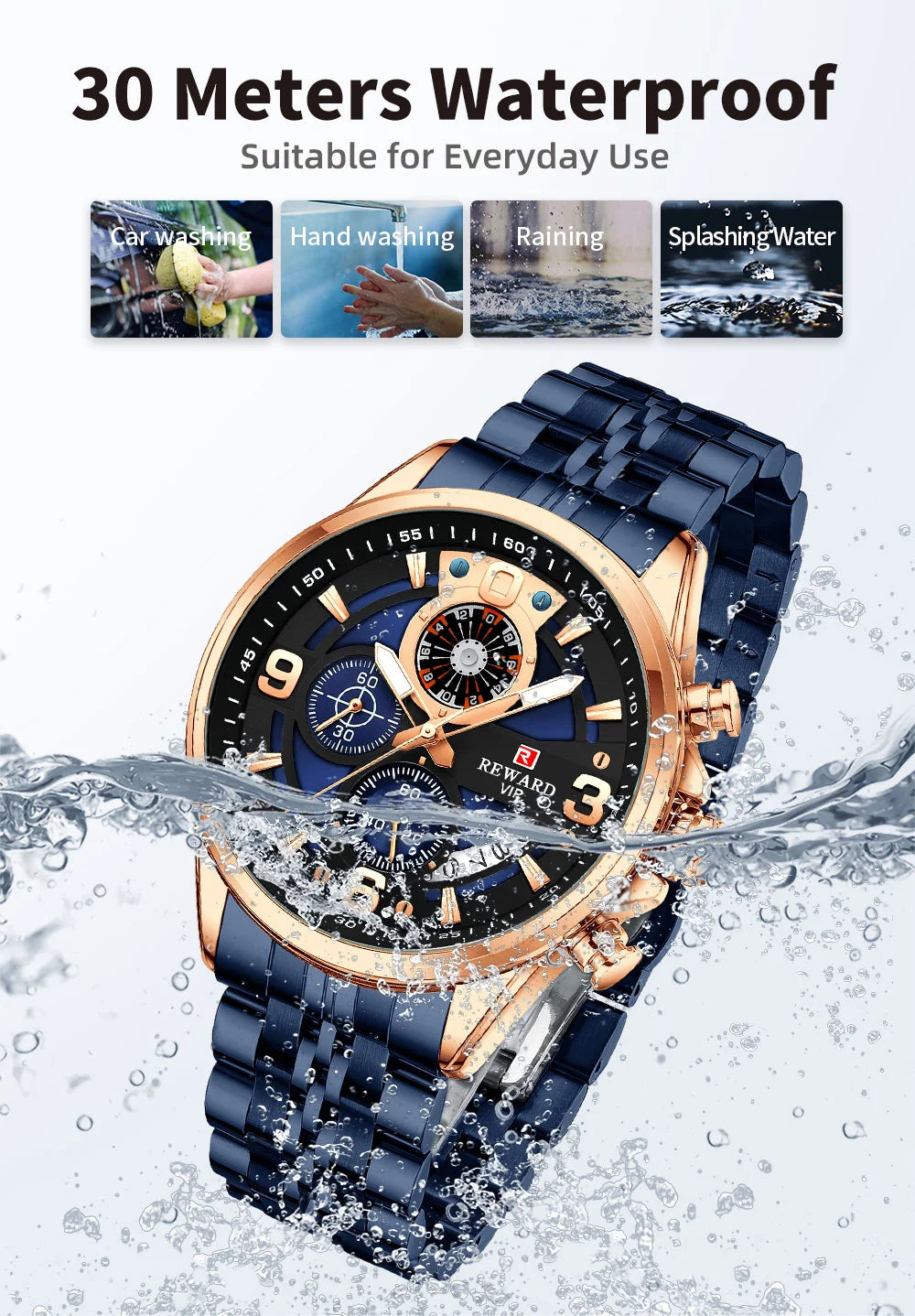 Reward In Stock Sports Watch Luxury Stainless Steel Luminous Quartz Man Watch Wholesale Oem Wristwatch Reloj,Auto Date, chronograph, Complete Calendar, Day/Date, Waterproof, Luminous, Anti-magnetic,RD81057M