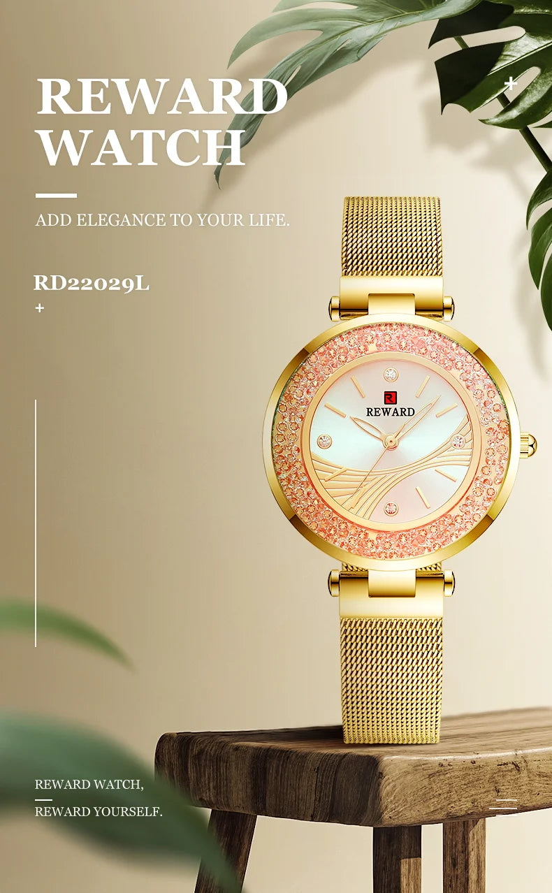 REWARD Ladies Watches Brands Luxury Rhinestone Dial Lady Watch, a stunning timepiece that combines elegance and practicality. With a durable stainless steel band and precision quartz movement, this watch is both fashionable and reliable. detail view