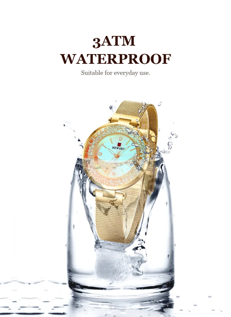 REWARD Ladies Watches Brands Luxury Rhinestone Dial Lady Watch, a stunning timepiece that combines elegance and practicality. With a durable stainless steel band and precision quartz movement, this watch is both fashionable and reliable.