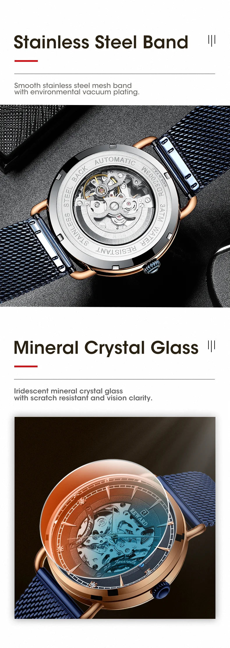 Reward Magic glass quality men stainless steel watches luxury functional automatic oem mechanical watches,RD32002M