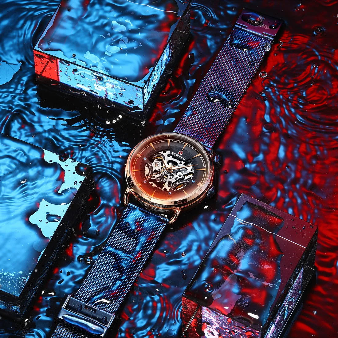 Reward Magic glass quality men stainless steel watches luxury functional automatic oem mechanical watches,RD32002M