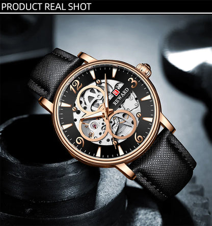 Reward Mechanical Watches Men Oem Luxury Skeleton Leather Band Mens Automatic Watch RD33001M