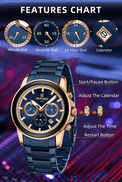 Reward Luxury Three-Eyes Classic Chronograph Quartz Watch Men REWARD Fashion Business Relogio Masculino Elegant
