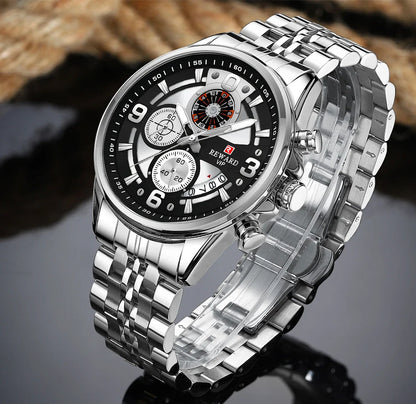 Reward In Stock Sports Watch Luxury Stainless Steel Luminous Quartz Man Watch Wholesale Oem Wristwatch Reloj,Auto Date, chronograph, Complete Calendar, Day/Date, Waterproof, Luminous, Anti-magnetic,RD81057M