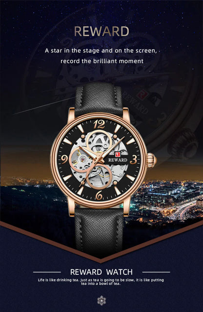 Reward Mechanical Watches Men Oem Luxury Skeleton Leather Band Mens Automatic Watch RD33001M