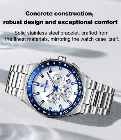 REWARD Men's Watch Luxury Chronograph Business Wristwatch Solid Stainless Steel Band High Quality Watch for Men