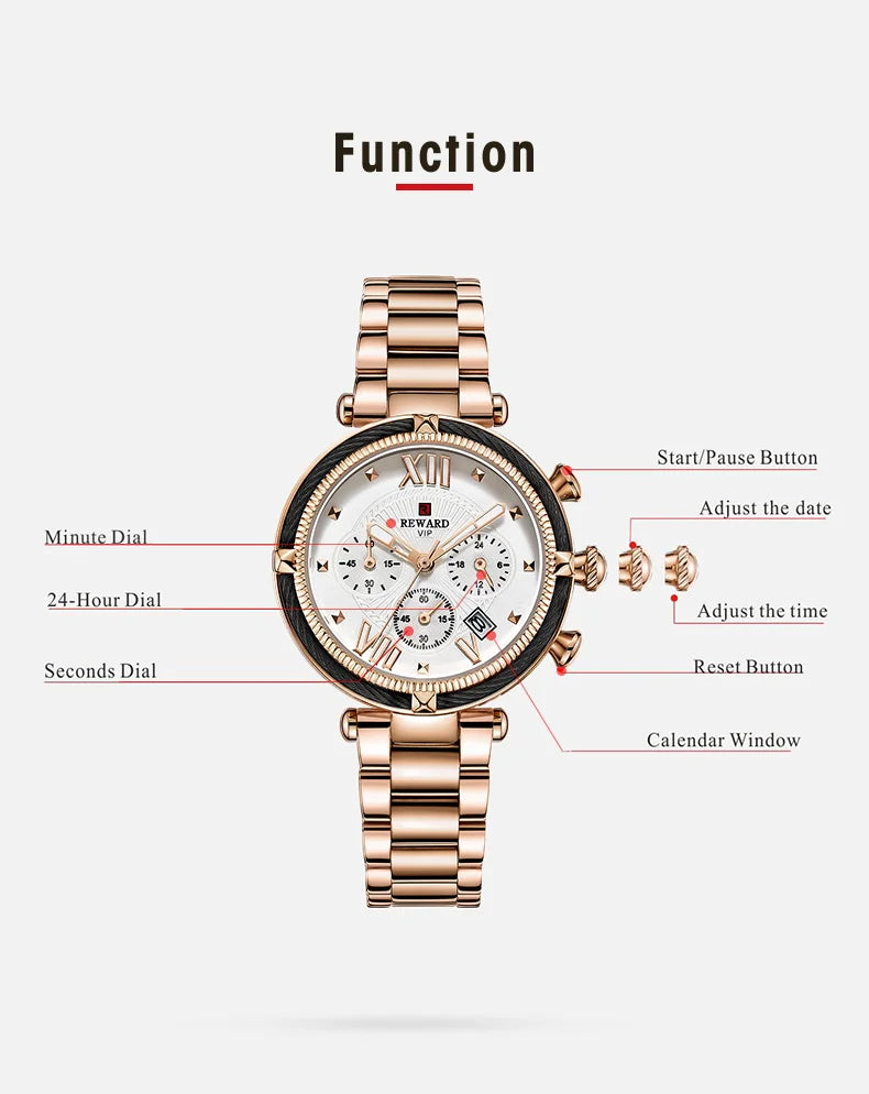 REWARD Hot Brand Luxury Women Watches Fashion Stainless Steel Band Quartz Sport Watch Luminous Ladies Wrist Watch,RD63084L