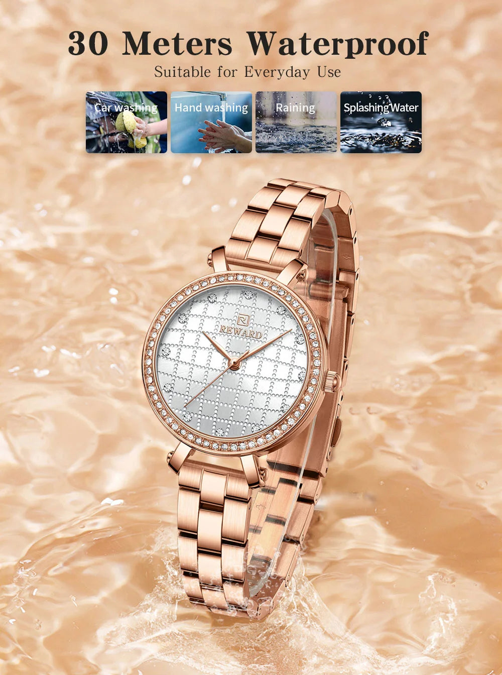 Reward 2022 New Arrival Wrist Watch Women Luxury Diamond Inlay Stainless Steel Ladies Golden Watches Wholesale Montre Acier RD21075L