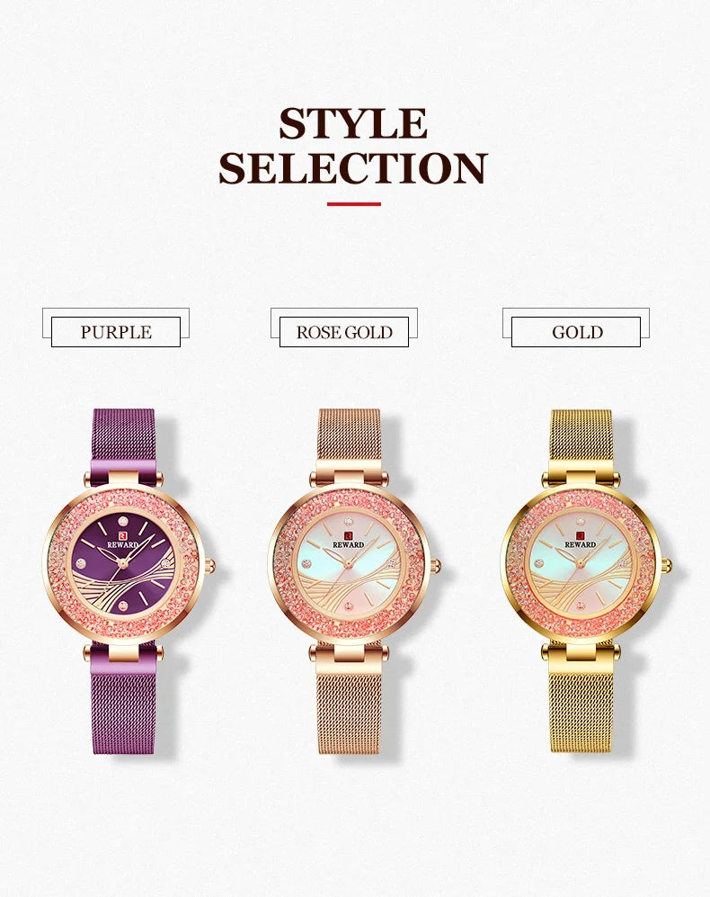 REWARD Ladies Watches Brands Luxury Rhinestone Dial Lady Watch, a stunning timepiece that combines elegance and practicality. With a durable stainless steel band and precision quartz movement, this watch is both fashionable and reliable.