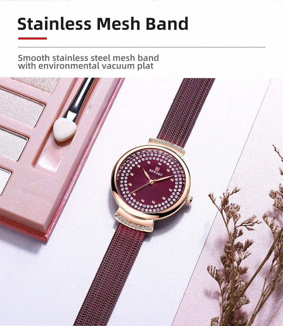 Upgrade your style with our Reward women's luxury watch RD22018L. This glitzy timepiece features a diamond-shaped shiny case and stainless strap with diamond accents, making it the perfect gift.