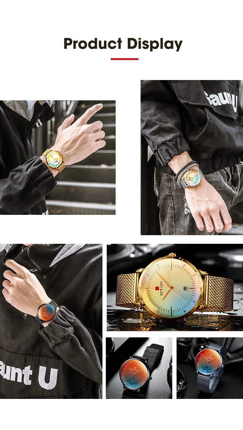 Reward Colorful Laser Changing Glass Men Watch. Featuring a vibrant, color-changing glass and a durable stainless steel strap, this watch is perfect for any sports or outdoor activities, as well as casual and formal occasions.