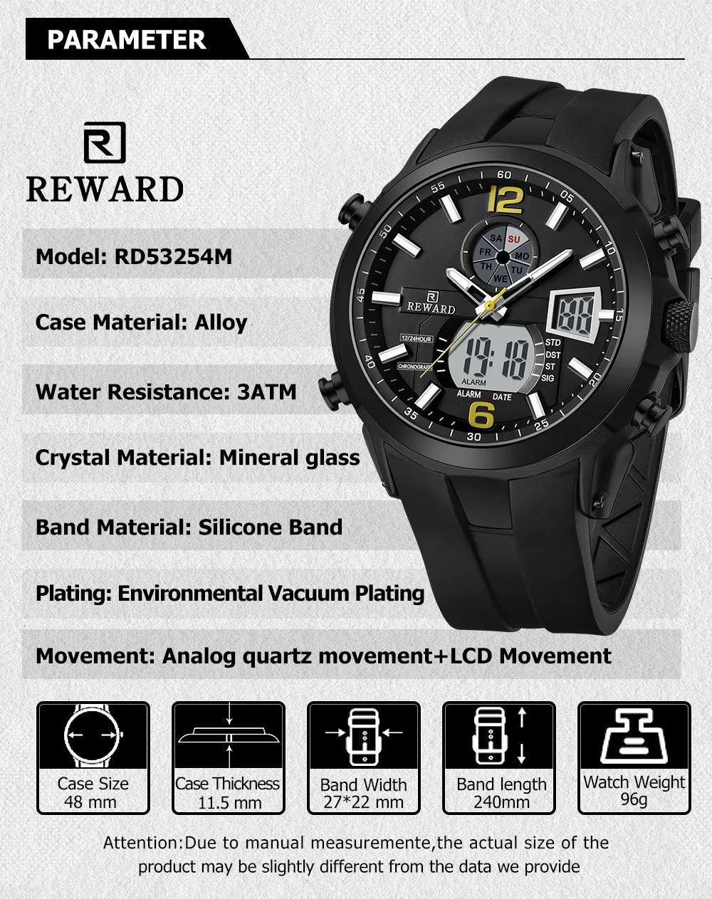 REWARD New digital watches men multi function week date running stopwatch outdoor fashion silicone quartz digital watch