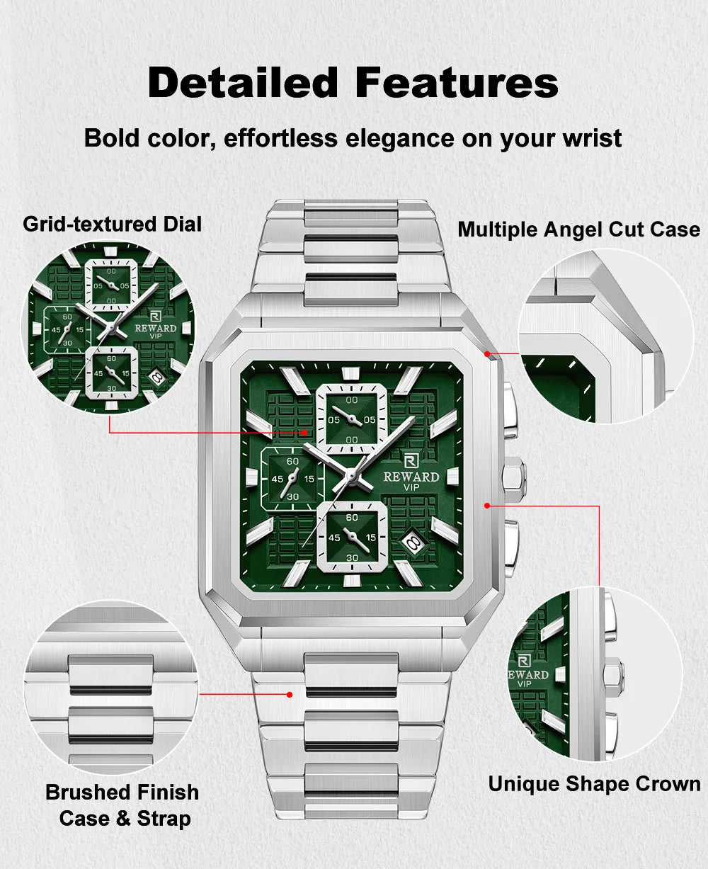 REWARD New Watch for Men High Quality Polishing Double Layered Case Square Chronograph Casual Quartz Watches Men Luxury