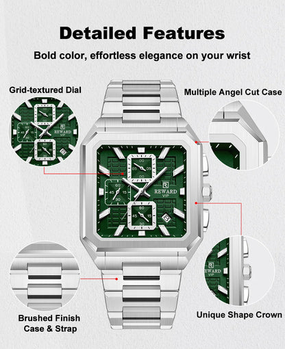 REWARD New Watch for Men High Quality Polishing Double Layered Case Square Chronograph Casual Quartz Watches Men Luxury
