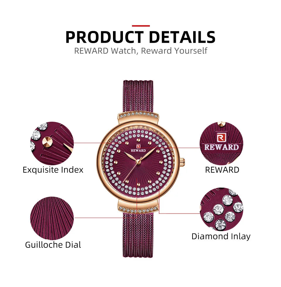 Upgrade your style with our Reward women's luxury watch RD22018L. This glitzy timepiece features a diamond-shaped shiny case and stainless strap with diamond accents, making it the perfect gift.