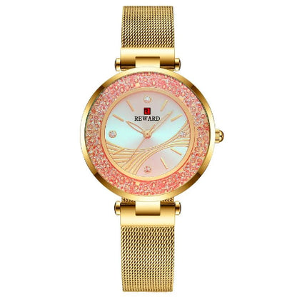 REWARD Ladies Watches Brands Luxury Rhinestone Dial Lady Watch, a stunning timepiece that combines elegance and practicality. With a durable stainless steel band and precision quartz movement, this watch is both fashionable and reliable.