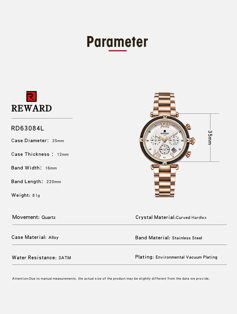 REWARD Hot Brand Luxury Women Watches Fashion Stainless Steel Band Quartz Sport Watch Luminous Ladies Wrist Watch,RD63084L