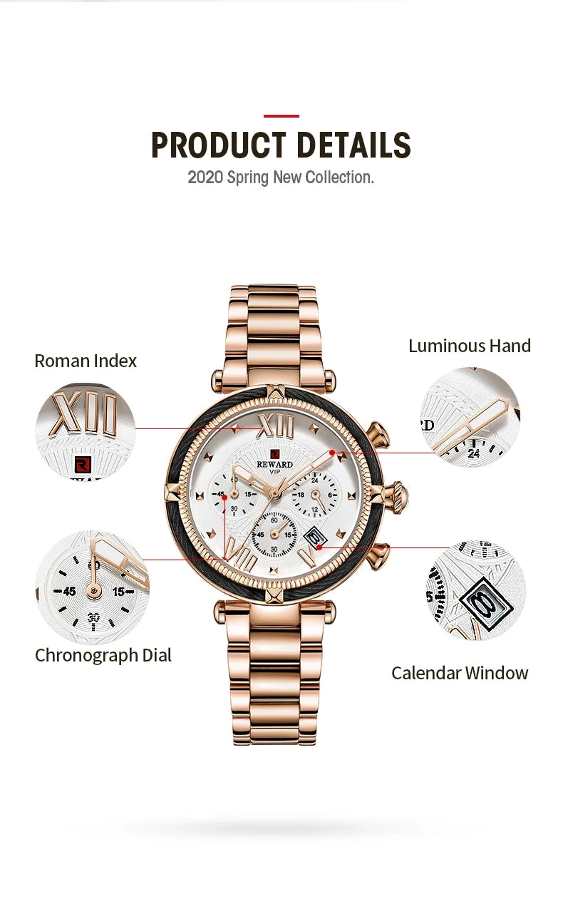 REWARD Hot Brand Luxury Women Watches Fashion Stainless Steel Band Quartz Sport Watch Luminous Ladies Wrist Watch,RD63084L