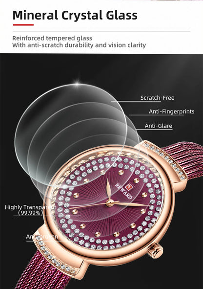 Upgrade your style with our Reward women's luxury watch RD22018L. This glitzy timepiece features a diamond-shaped shiny case and stainless strap with diamond accents, making it the perfect gift.