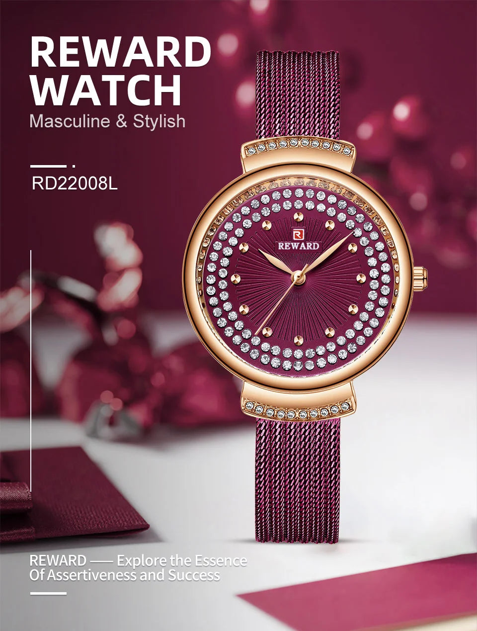 Upgrade your style with our Reward women's luxury watch RD22018L. This glitzy timepiece features a diamond-shaped shiny case and stainless strap with diamond accents, making it the perfect gift.