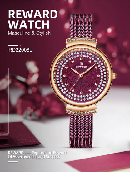 Upgrade your style with our Reward women's luxury watch RD22018L. This glitzy timepiece features a diamond-shaped shiny case and stainless strap with diamond accents, making it the perfect gift.