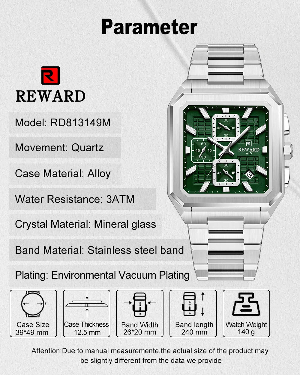 REWARD New Watch for Men High Quality Polishing Double Layered Case Square Chronograph Casual Quartz Watches Men Luxury