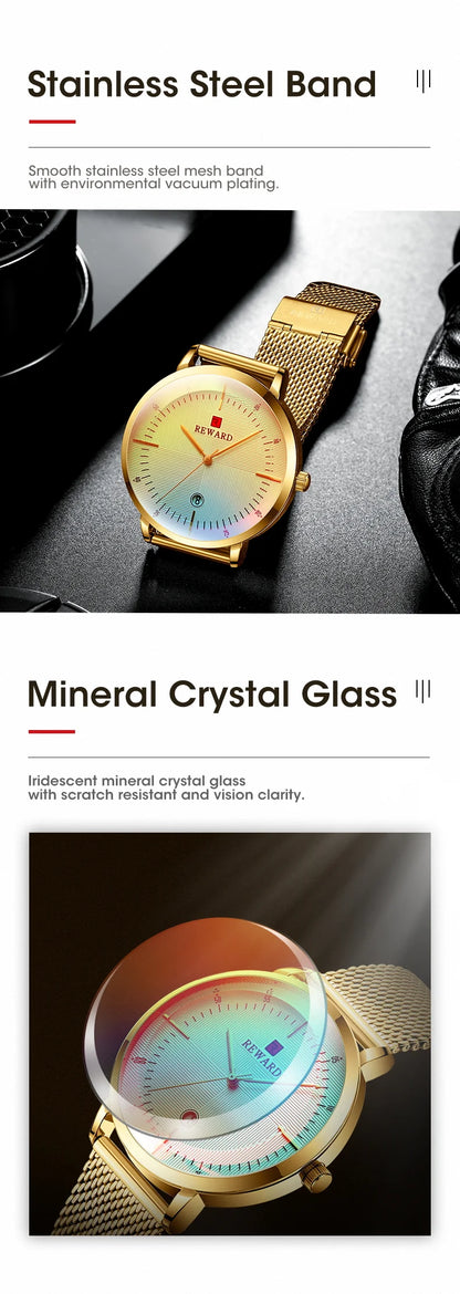 Reward Colorful Laser Changing Glass Men Watch. Featuring a vibrant, color-changing glass and a durable stainless steel strap, this watch is perfect for any sports or outdoor activities, as well as casual and formal occasions.